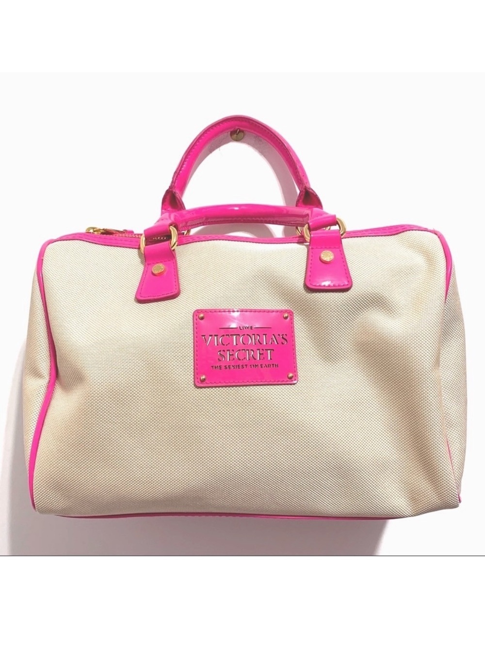 NWOT Victoria’s Secret Vintage Canvas & Hot Pink Patent Handbag Tote Bag